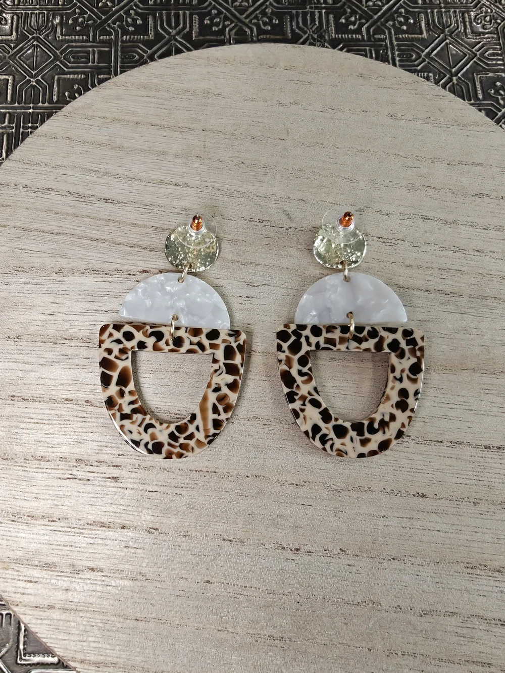 Leopard Pattern Resin Drop Earrings with Pearl Accent - Brown/White